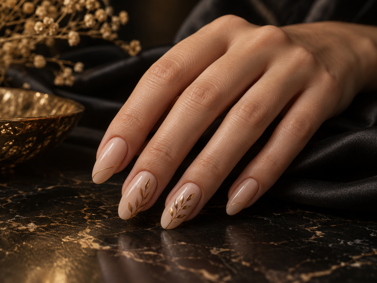 Foto demonstrativa de unhas com detalhes dourados
